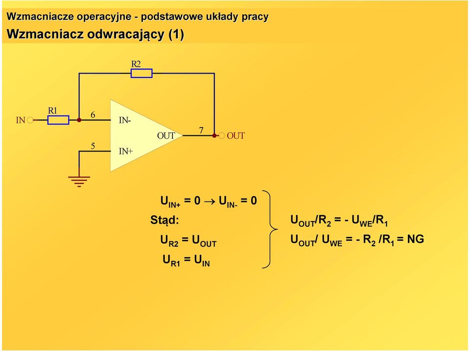 OUT U IN+ = 0 U IN- = 0 Stąd: U R2 = U OUT U OUT /R 2