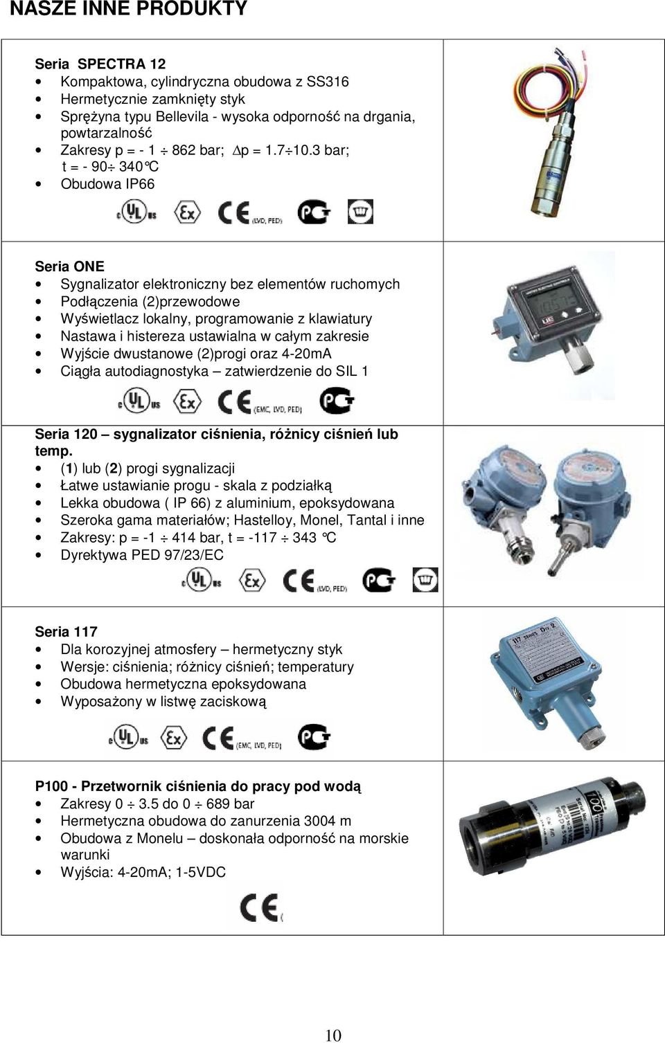 3 bar; t = - 90 340 C Obudowa IP66 Seria ONE Sygnalizator elektroniczny bez elementów ruchomych Podłączenia (2)przewodowe Wyświetlacz lokalny, programowanie z klawiatury Nastawa i histereza