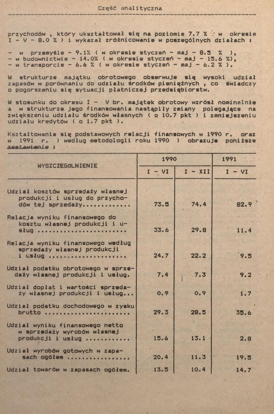 W strukturze majątku obrotowego obserwuje sę wysok udzał zapasów w porównanu do udzału środków penężnych, co śwadczy o pogorszenu sę sytuacj płatnczej przedsęborstw. W stosunku do okresu - V br.