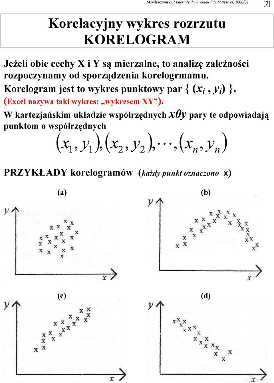 Korelogram jest to wkres puktow par { (x, ) }. (Excel azwa tak wkres: wkresem XY ).