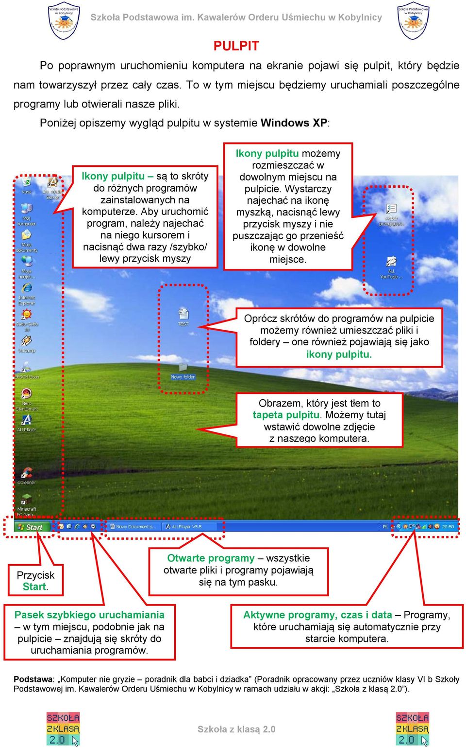 Poniżej opiszemy wygląd pulpitu w systemie Windows XP: Ikony pulpitu są to skróty do różnych programów zainstalowanych na komputerze.