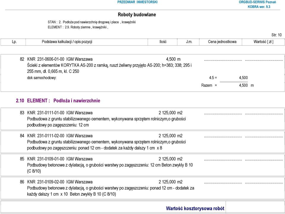 10 ELEMENT : PodłoŜa i nawierzchnie 83 KNR 231-0111-01-00 IGM Warszawa 2 125,000 m2.