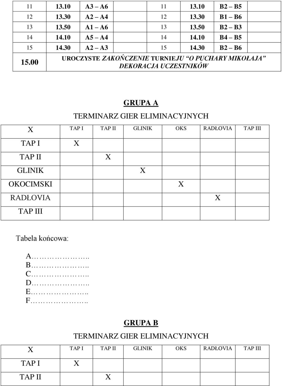 00 UROCZYSTE ZAKOŃCZENIE TURNIEJU O PUCHARY MIKOŁAJA DEKORACJA UCZESTNIKÓW GRUPA A TERMINARZ GIER