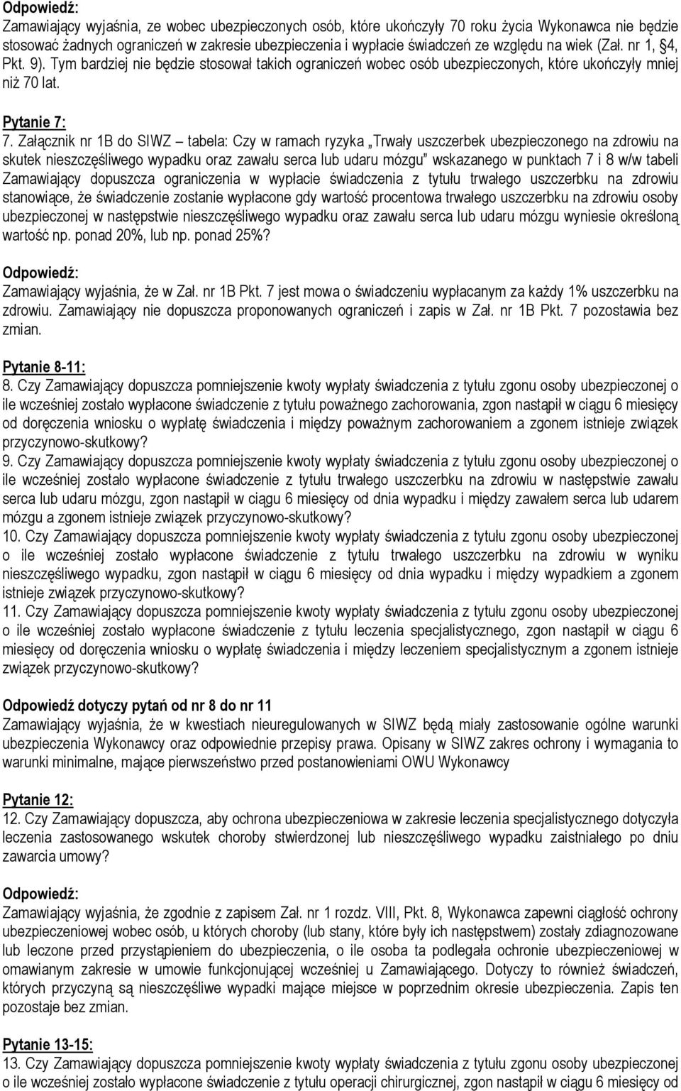 Załącznik nr 1B do SIWZ tabela: Czy w ramach ryzyka Trwały uszczerbek ubezpieczonego na zdrowiu na skutek nieszczęśliwego wypadku oraz zawału serca lub udaru mózgu wskazanego w punktach 7 i 8 w/w