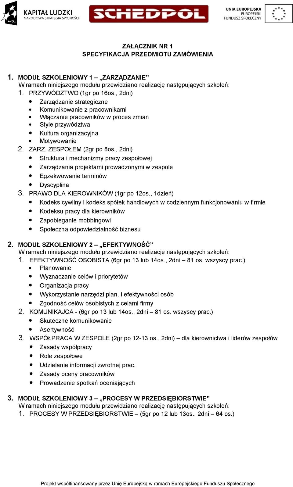 , 2dni) Struktura i mechanizmy pracy zespołowej Zarządzania projektami prowadzonymi w zespole Egzekwowanie terminów Dyscyplina 3. PRAWO DLA KIEROWNIKÓW (1gr po 12os.