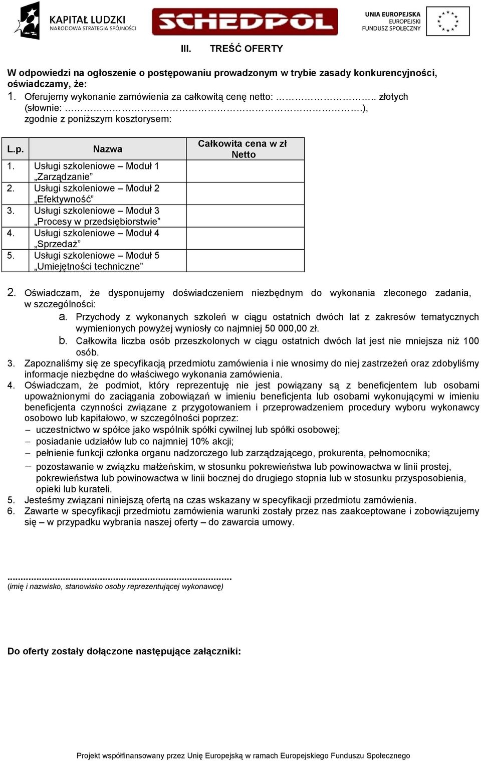 Usługi szkoleniowe Moduł 3 Procesy w przedsiębiorstwie 4. Usługi szkoleniowe Moduł 4 Sprzedaż 5. Usługi szkoleniowe Moduł 5 Umiejętności techniczne Całkowita cena w zł Netto 2.