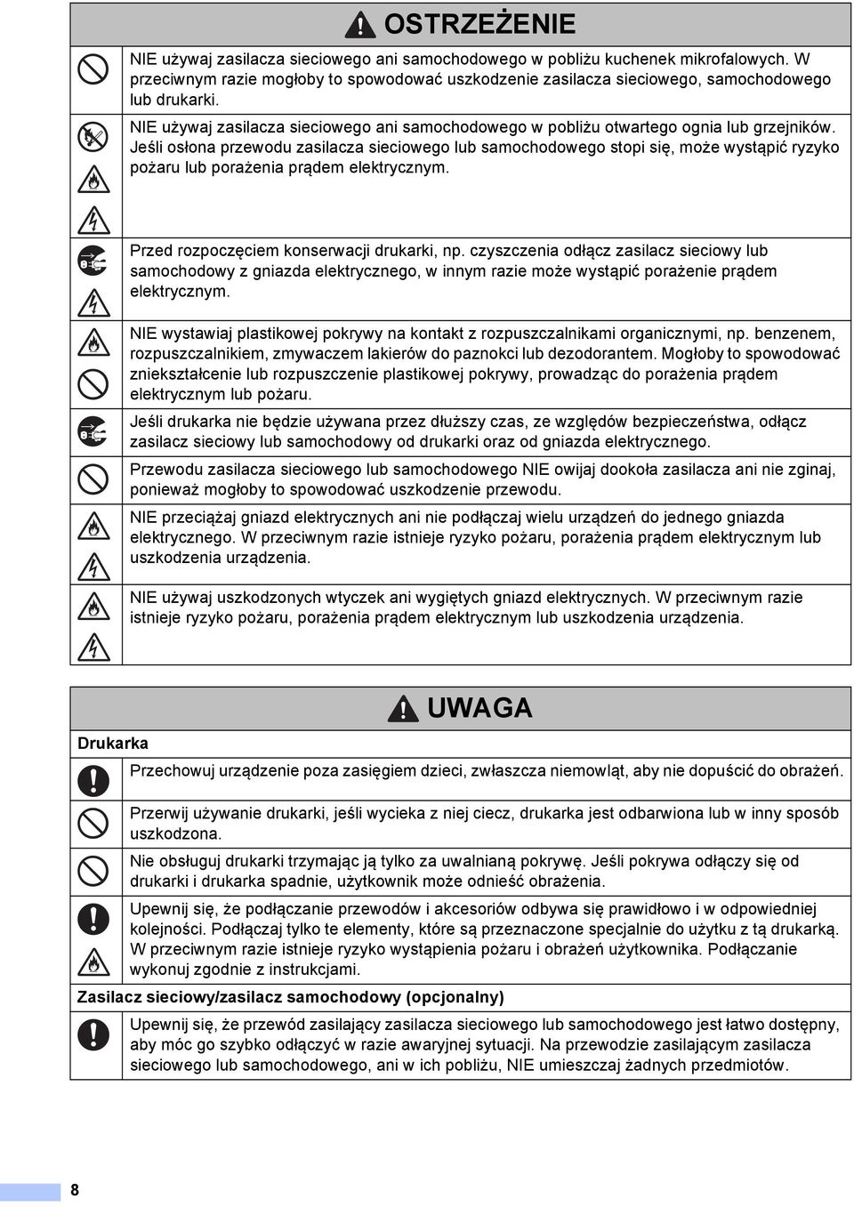 Jeśli osłona przewodu zasilacza sieciowego lub samochodowego stopi się, może wystąpić ryzyko pożaru lub porażenia prądem elektrycznym. Przed rozpoczęciem konserwacji drukarki, np.