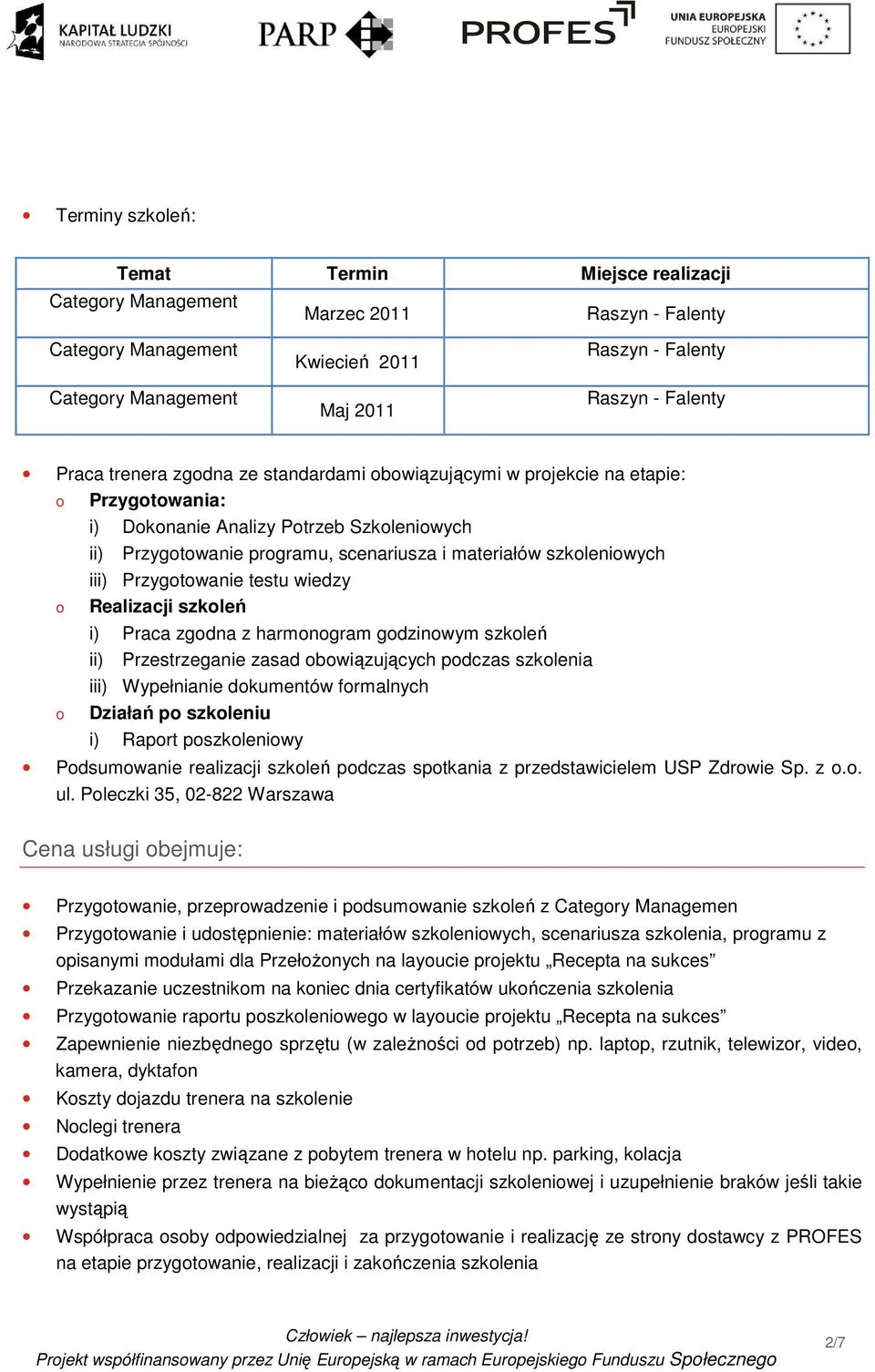 Praca zgodna z harmonogram godzinowym szkoleń ii) Przestrzeganie zasad obowiązujących podczas szkolenia iii) Wypełnianie dokumentów formalnych Działań po szkoleniu i) Raport poszkoleniowy