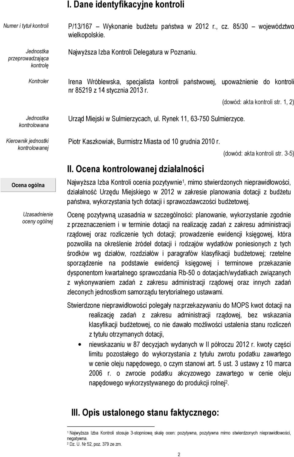 Irena Wróblewska, specjalista kontroli państwowej, upoważnienie do kontroli nr 85219 z 14 stycznia 2013 r. Urząd Miejski w Sulmierzycach, ul. Rynek 11, 63-750 Sulmierzyce.