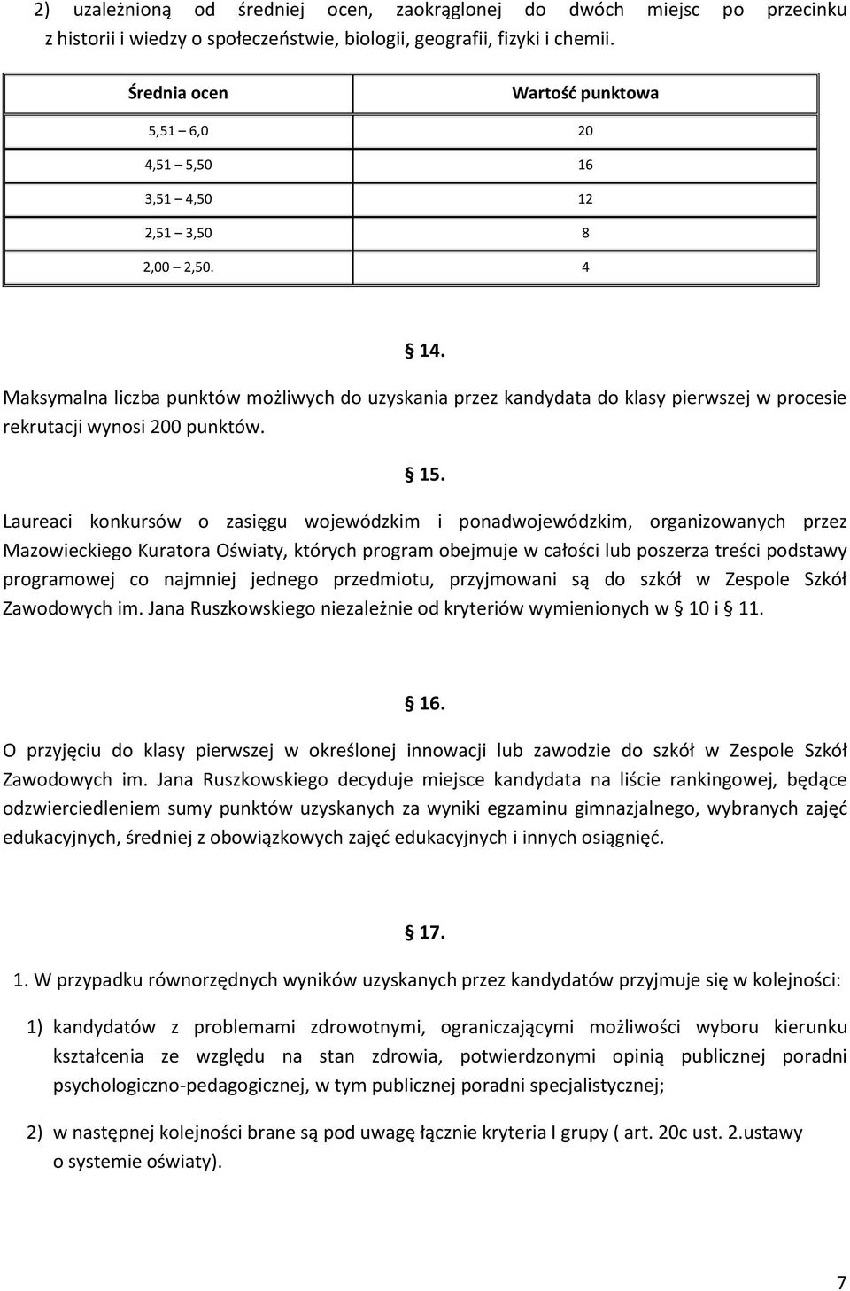 Maksymalna liczba punktów możliwych do uzyskania przez kandydata do klasy pierwszej w procesie rekrutacji wynosi 200 punktów. 15.