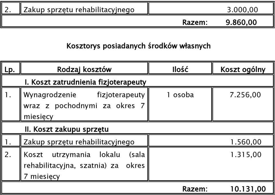 Wynagrodzenie fizjoterapeuty 1 osoba 7.256,00 wraz z pochodnymi za okres 7 miesięcy II.