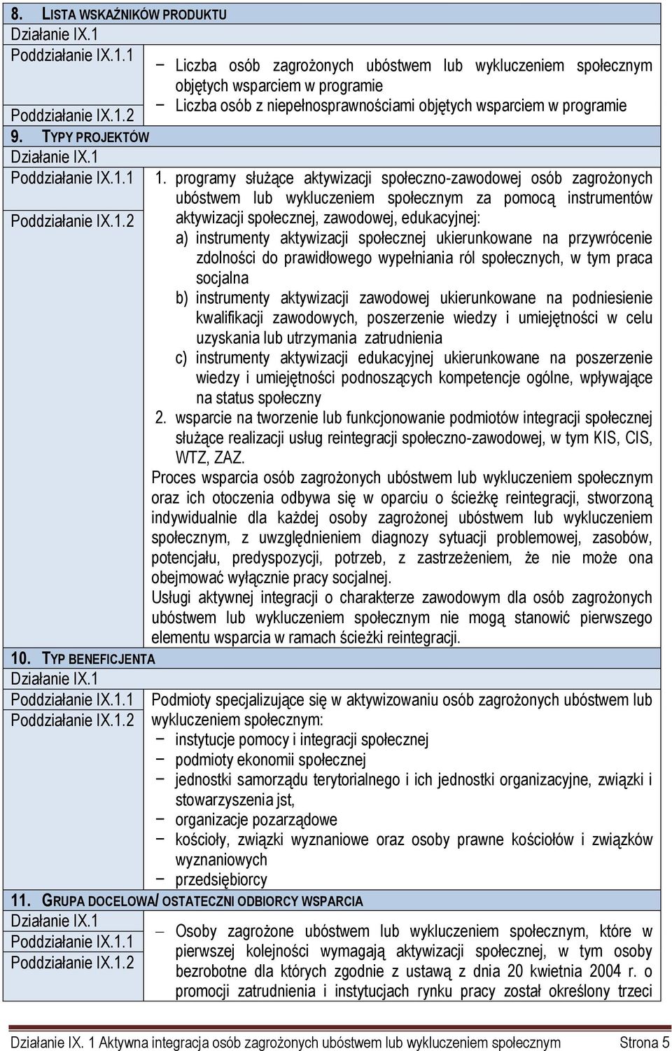 TYPY PROJEKTÓW Działanie IX.1 Poddziałanie IX.1.1 Poddziałanie IX.1.2 10