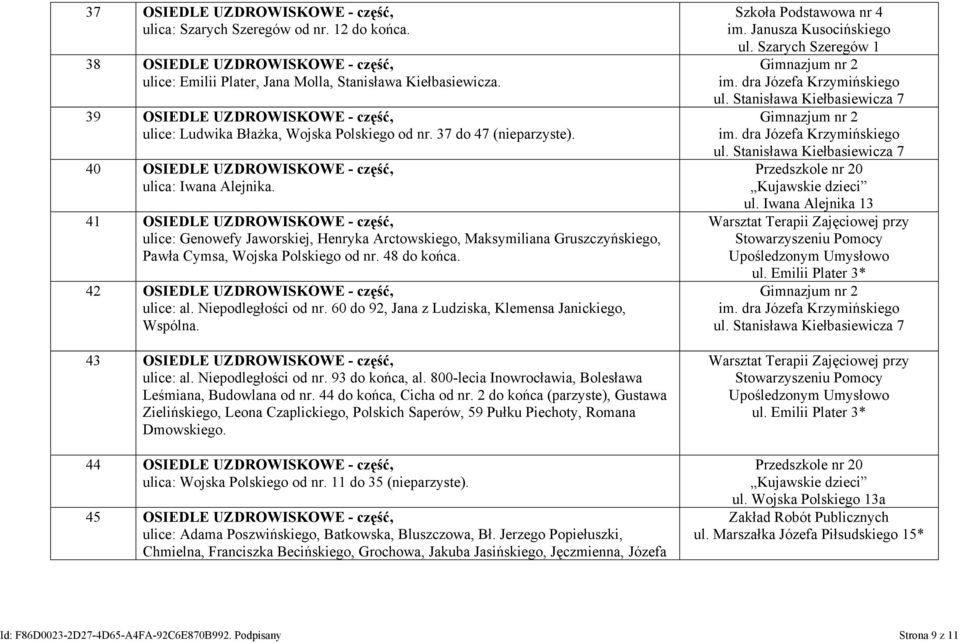 41 OSIEDLE UZDROWISKOWE - część, ulice: Genowefy Jaworskiej, Henryka Arctowskiego, Maksymiliana Gruszczyńskiego, Pawła Cymsa, Wojska Polskiego od nr. 48 do końca.