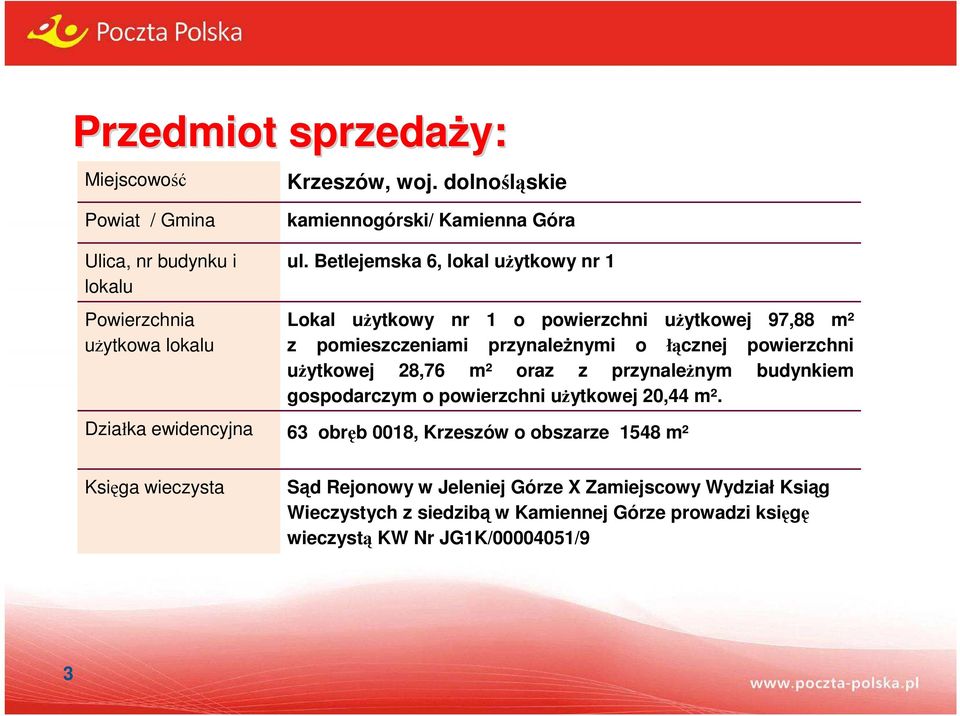 Betlejemska 6, lokal użytkowy nr 1 Lokal użytkowy nr 1 o powierzchni użytkowej 97,88 m² z pomieszczeniami przynależnymi o łącznej powierzchni użytkowej 28,76