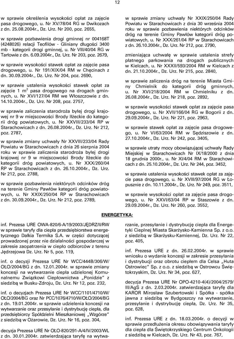 Nr 203, poz. 2679, w sprawie wysokości stawek opłat za zajęcie pasa drogowego, u. Nr 191/XIX/04 RM w Chęcinach z dn. 30.09.2004r., Dz. Urz. Nr 204, poz.