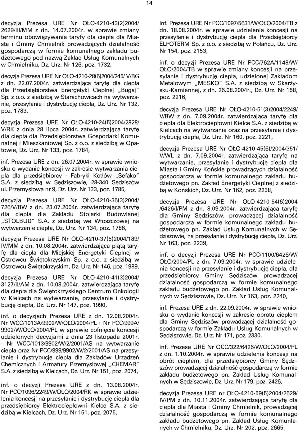 w Chmielniku, Dz. Urz. Nr 126, poz. 1732, decyzja Prezesa URE Nr OŁO-4210-28(6)2004/245/ V/BG z dn. 22.07.2004r. zatwierdzająca taryfę dla ciepła dla Przedsiębiorstwa Energetyki Cieplnej Bugaj Sp.