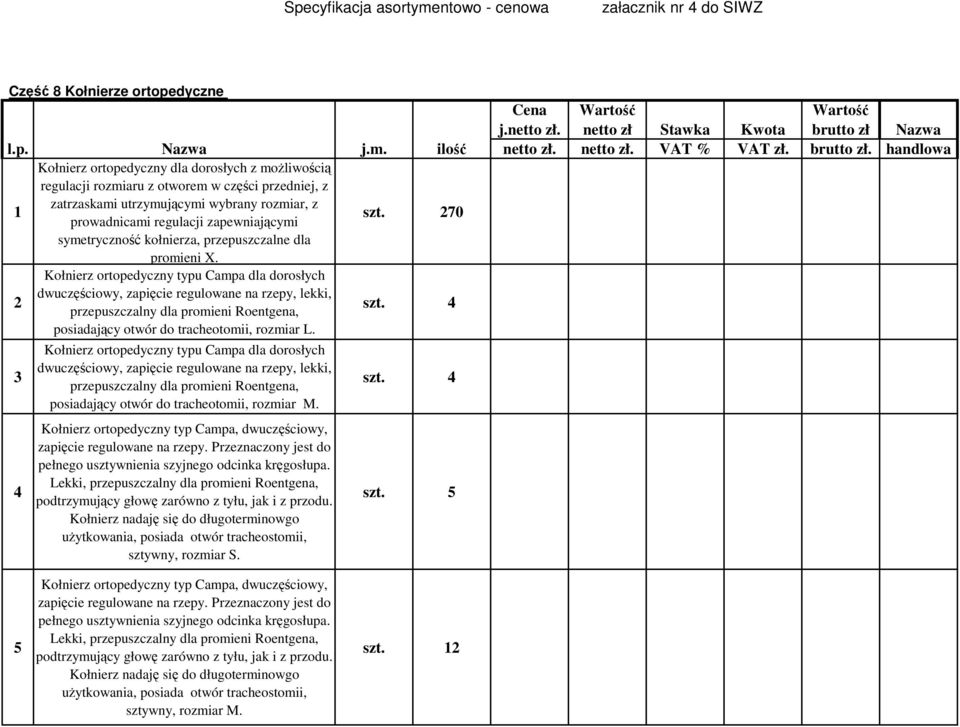 Kołnierz ortopedyczny typu Campa dla dorosłych dwuczęściowy, zapięcie regulowane na rzepy, lekki, przepuszczalny dla promieni Roentgena, posiadający otwór do tracheotomii, rozmiar L. szt.