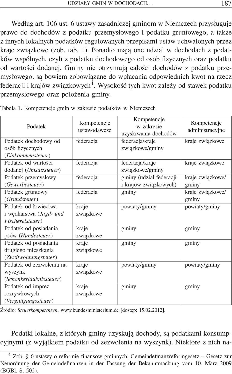 kraje związkowe (zob. tab. 1). Ponadto mają one udział w dochodach z podatków wspólnych, czyli z podatku dochodowego od osób fizycznych oraz podatku od wartości dodanej.