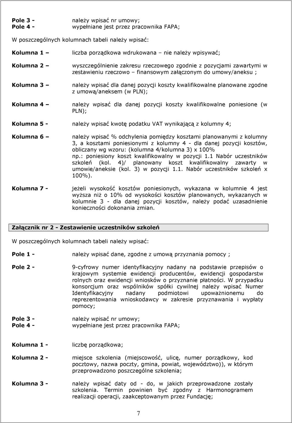 planowane zgodne z umową/aneksem (w PLN); Kolumna 4 naleŝy wpisać dla danej pozycji koszty kwalifikowalne poniesione (w PLN); Kolumna 5 - naleŝy wpisać kwotę podatku VAT wynikającą z kolumny 4;