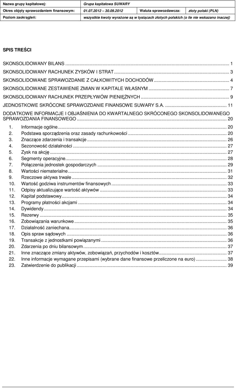 .. 20 1. Informacje ogólne... 20 2. Podstawa sporządzenia oraz zasady rachunkowości... 20 3. Znaczące zdarzenia i transakcje... 26 4. Sezonowość działalności... 27 5. Zysk na akcję... 27 6.