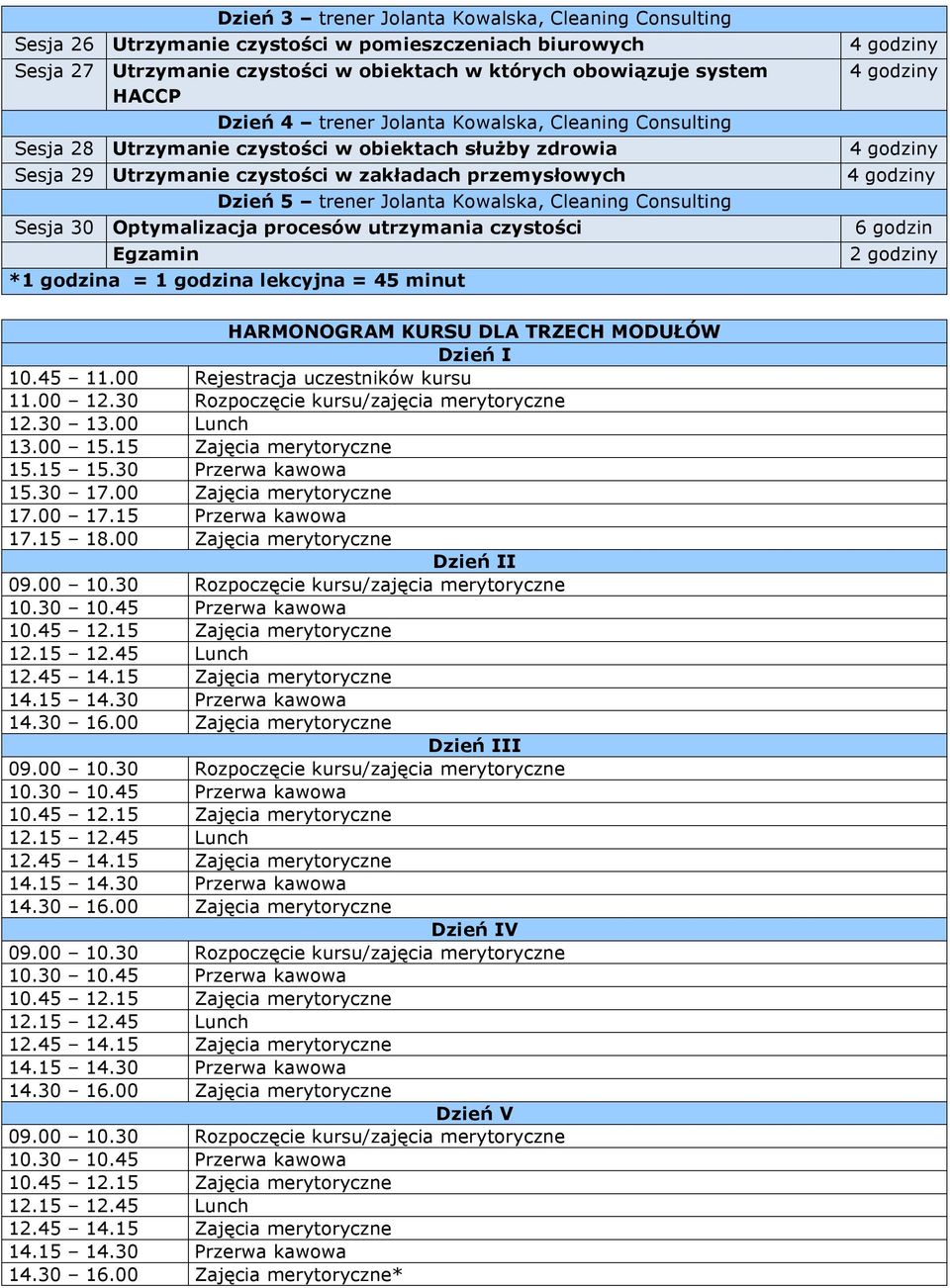 Consulting Sesja 30 Optymalizacja procesów utrzymania czystości Egzamin *1 godzina = 1 godzina lekcyjna = 45 minut 6 godzin HARMONOGRAM KURSU DLA TRZECH MODUŁÓW Dzień I 10.45 11.