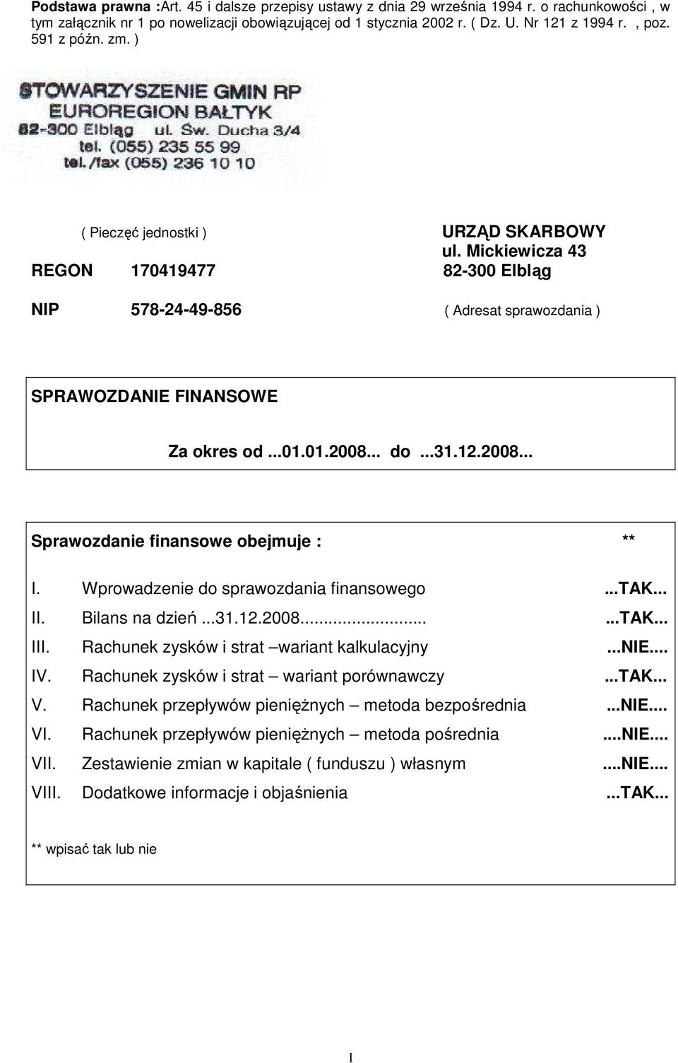..31.12.2008... Sprawozdanie finansowe obejmuje : ** I. Wprowadzenie do sprawozdania finansowego...tak... II. Bilans na dzień...31.12.2008......tak... III.