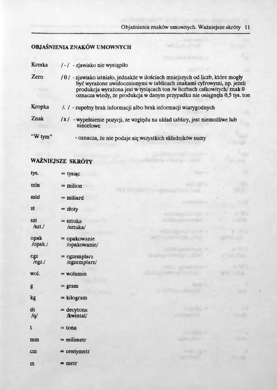 w tablicach znakami cyfrowymi, np. jeżeli produkcja wyrażona jest w tysiącach ton /w liczbach całkowitych/ znak 0 oznacza wtedy, że produkcja w danym przypadku nie osiągnęła 0,5 tys.