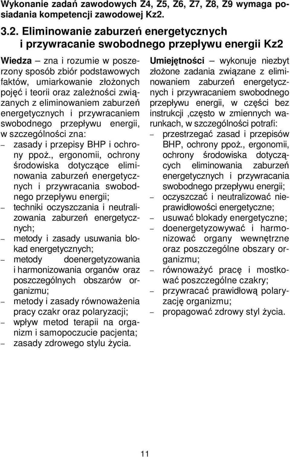 oraz zależności związanych z eliminowaniem zaburzeń energetycznych i przywracaniem swobodnego przepływu energii, w szczególności zna: zasady i przepisy BHP i ochrony ppoż.