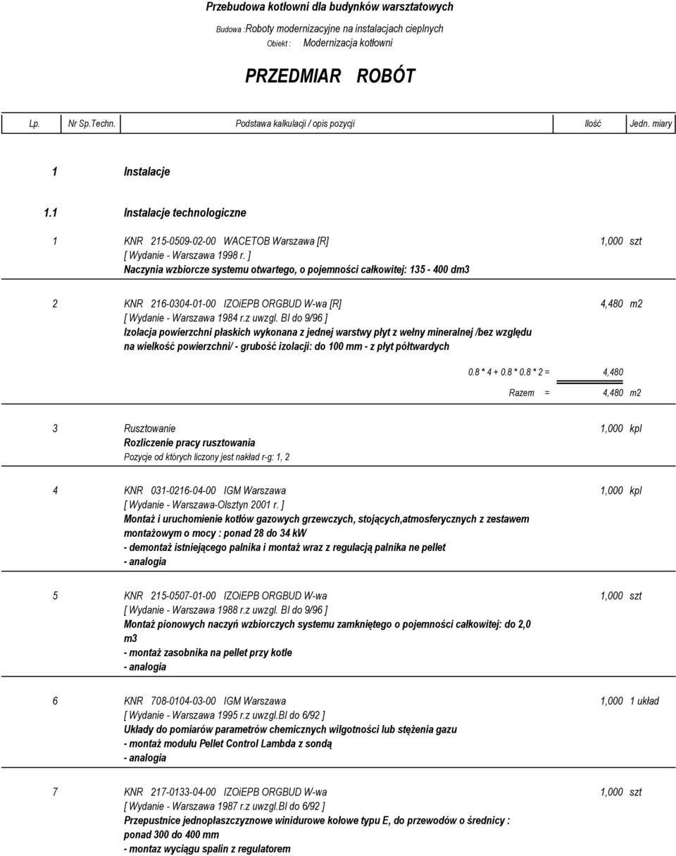 ] Naczynia wzbiorcze systemu otwartego, o pojemności całkowitej: 135-400 dm3 2 KNR 216-0304-01-00 IZOiEPB ORGBUD W-wa [R] 4,480 m2 Izolacja powierzchni płaskich wykonana z jednej warstwy płyt z wełny