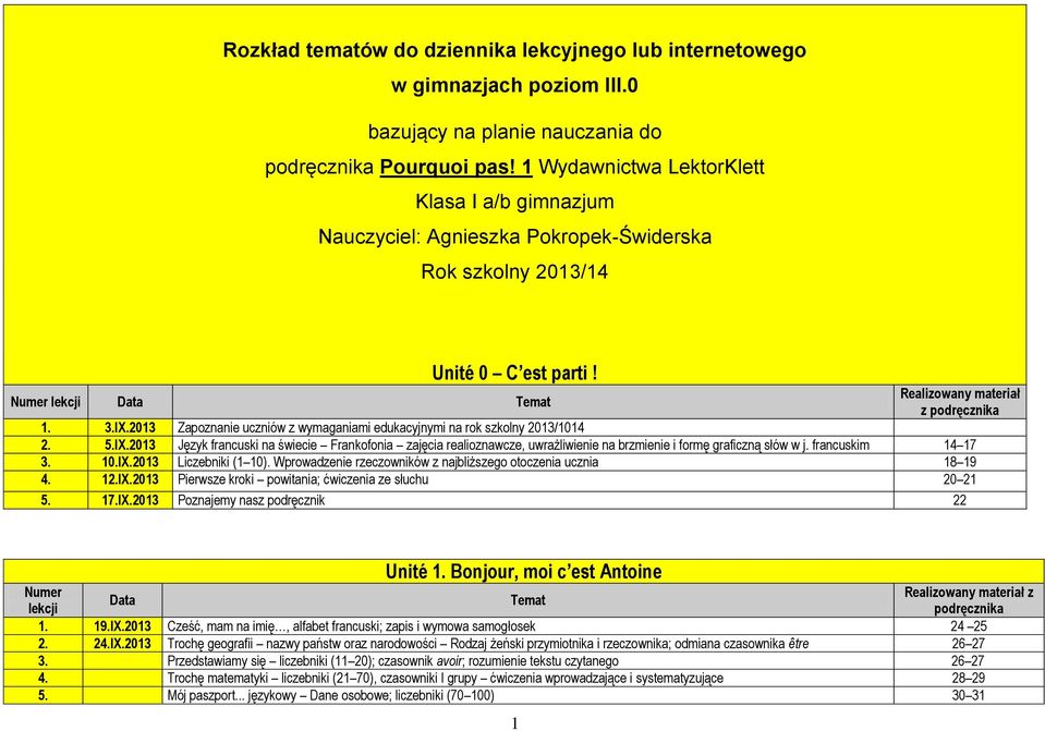 2013 Zapoznanie uczniów z wymaganiami edukacyjnymi na rok szkolny 2013/1014 2. 5.IX.