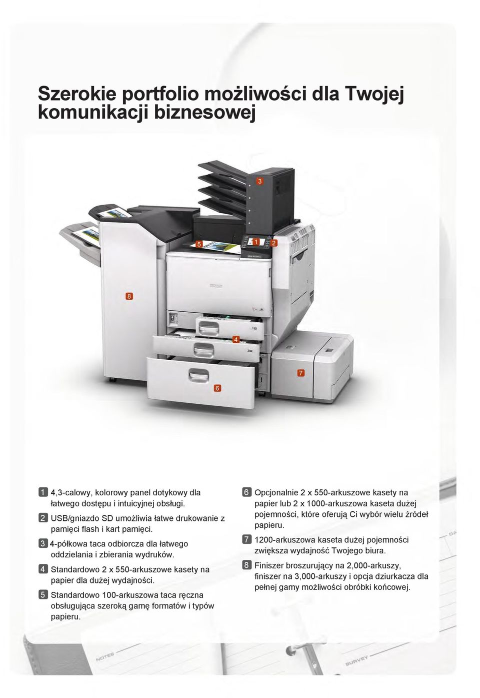 4 Standardowo 2 x 550-arkuszowe kasety na papier dla dużej wydajności. 5 Standardowo 100-arkuszowa taca ręczna obsługująca szeroką gamę formatów i typów papieru.