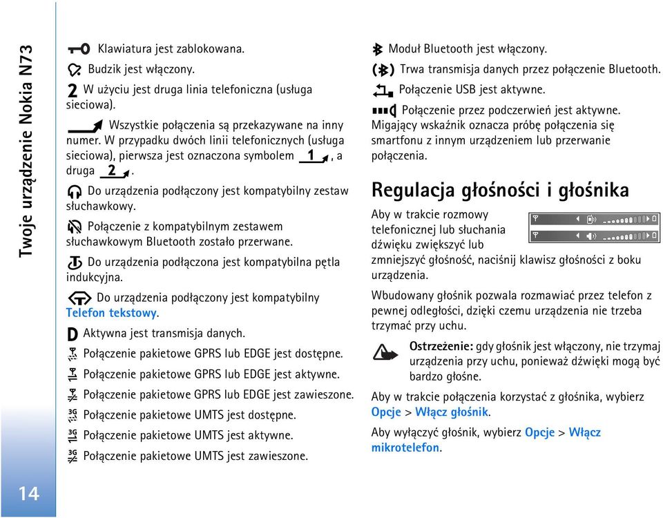 Po³±czenie z kompatybilnym zestawem s³uchawkowym Bluetooth zosta³o przerwane. Do urz±dzenia pod³±czona jest kompatybilna pêtla indukcyjna. Do urz±dzenia pod³±czony jest kompatybilny Telefon tekstowy.