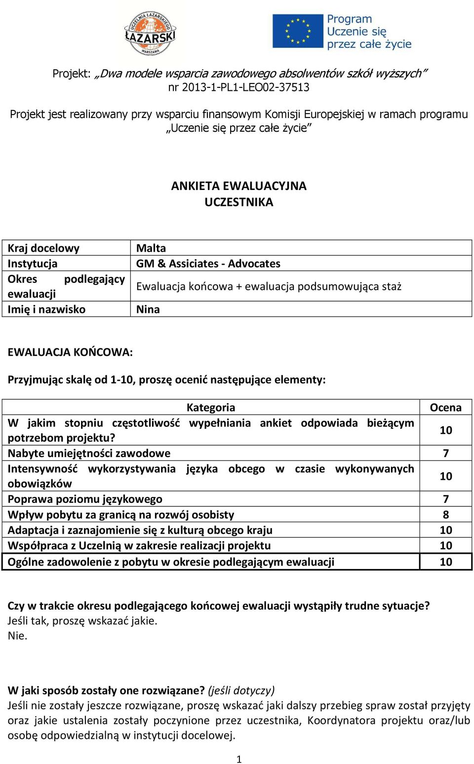 EWALUACJA KOŃCOWA: Przyjmując skalę od 1-10, proszę ocenić następujące elementy: Kategoria Ocena W jakim stopniu częstotliwość wypełniania ankiet odpowiada bieżącym potrzebom projektu?