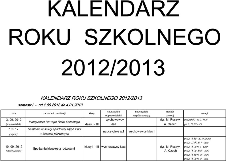 f w klasach pierwszych w.f I godz.16.30 - kl. Ie (aula) godz. 17.00 kl. I - aula 10. 09. 2012 klasy I godz.18.00 kl. I - sale Spotkania klasowe z rodzicami godz.