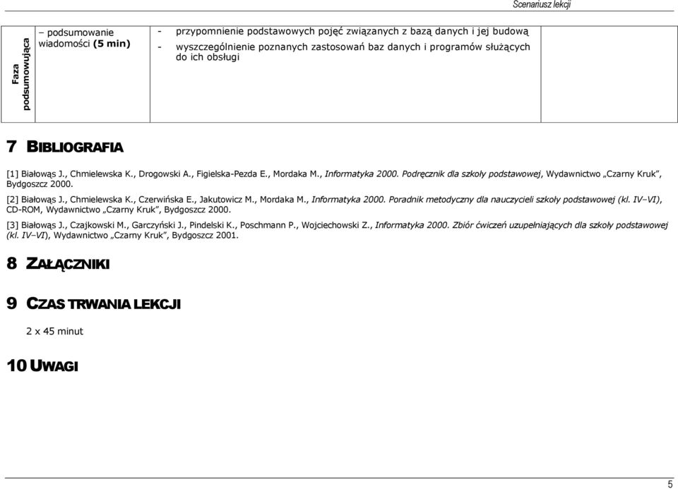 [2] Białowąs J., Chmielewska K., Czerwińska E., Jakutowicz M., Mordaka M., Informatyka 2000. Poradnik metodyczny dla nauczycieli szkoły podstawowej (kl.