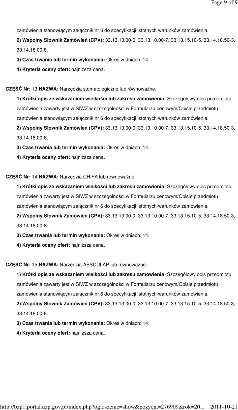 CZĘŚĆ Nr: 14 NAZWA: Narzędzia CHIFA lub