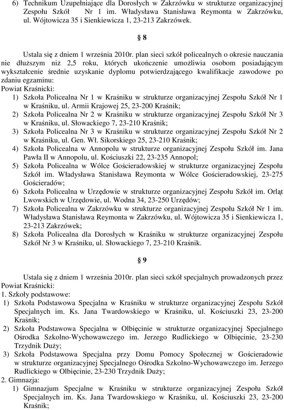 plan sieci szkół policealnych o okresie nauczania nie dłuŝszym niŝ 2,5 roku, których ukończenie umoŝliwia osobom posiadającym wykształcenie średnie uzyskanie dyplomu potwierdzającego kwalifikacje