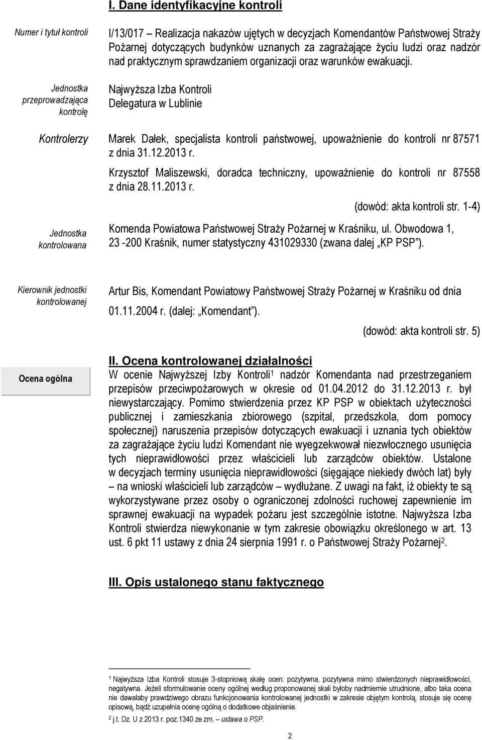 Najwyższa Izba Kontroli Delegatura w Lublinie Kontrolerzy Marek Dałek, specjalista kontroli państwowej, upoważnienie do kontroli nr 87571 z dnia 31.12.2013 r.