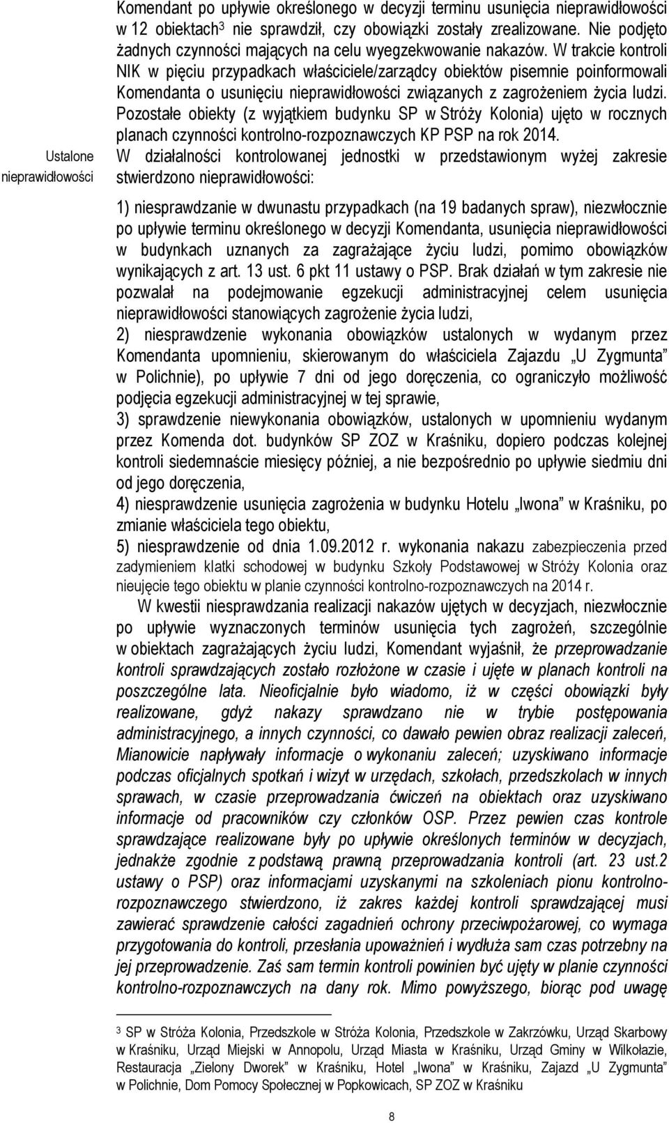 W trakcie kontroli NIK w pięciu przypadkach właściciele/zarządcy obiektów pisemnie poinformowali Komendanta o usunięciu nieprawidłowości związanych z zagrożeniem życia ludzi.