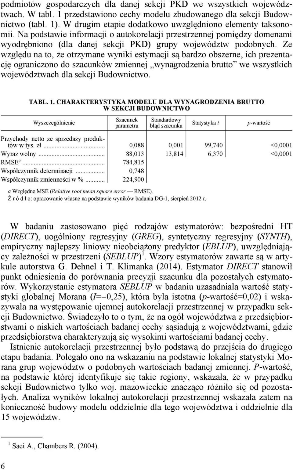 Ze względu na to, że otrzymane wyniki estymacji są bardzo obszerne, ich prezentację ograniczono do szacunków zmiennej wynagrodzenia brutto we wszystkich województwach dla sekcji Budownictwo. TABL. 1.