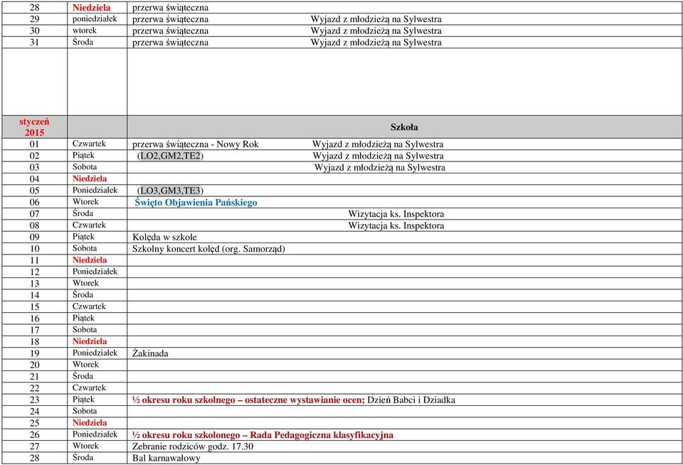 Sylwestra 04 Niedziela 05 Poniedziałek (LO3,GM3,TE3) 06 Wtorek Święto Objawienia Pańskiego 07 Środa Wizytacja ks. Inspektora 08 Czwartek Wizytacja ks.