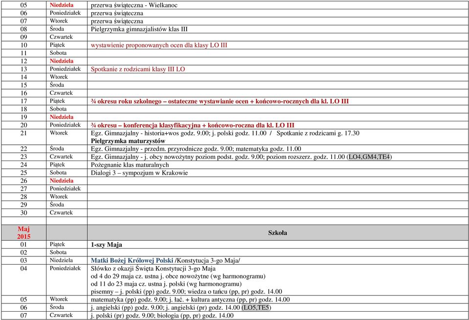 ocen + końcowo-rocznych dla kl. LO III 18 Sobota 19 Niedziela 20 Poniedziałek ¾ okresu konferencja klasyfikacyjna + końcowo-roczna dla kl. LO III 21 Wtorek Egz. Gimnazjalny - historia+wos godz. 9.