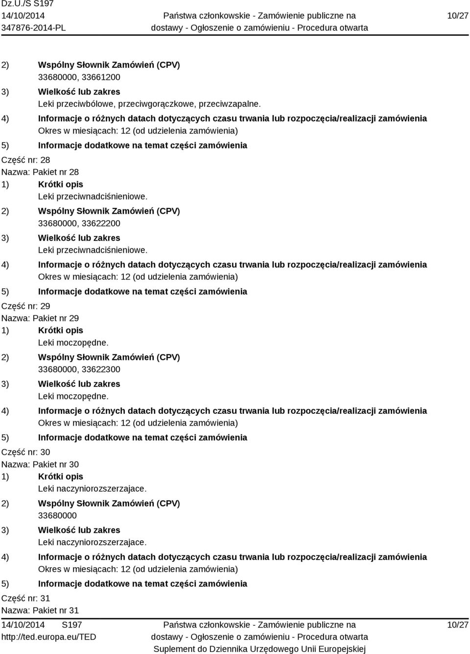 , 33622200 Leki przeciwnadciśnieniowe. Część nr: 29 Nazwa: Pakiet nr 29 Leki moczopędne.