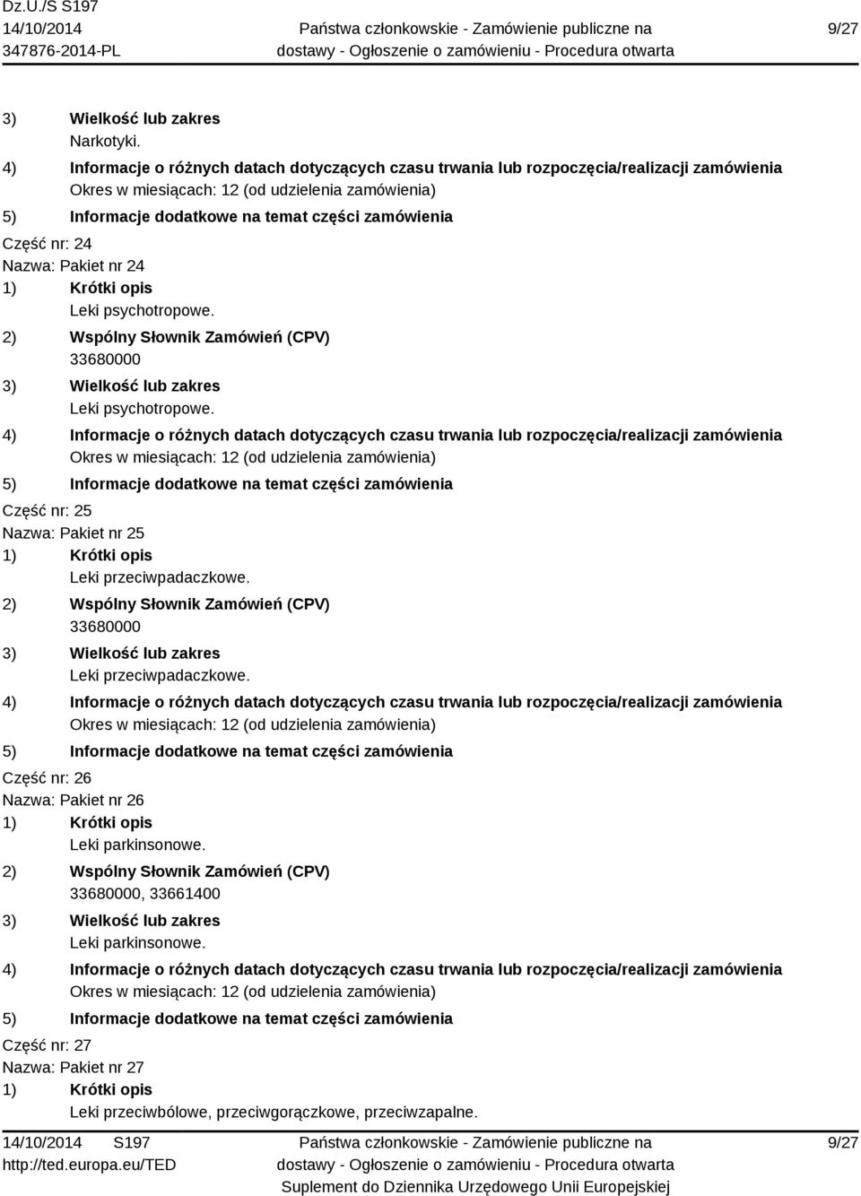 Leki przeciwpadaczkowe. Część nr: 26 Nazwa: Pakiet nr 26 Leki parkinsonowe.