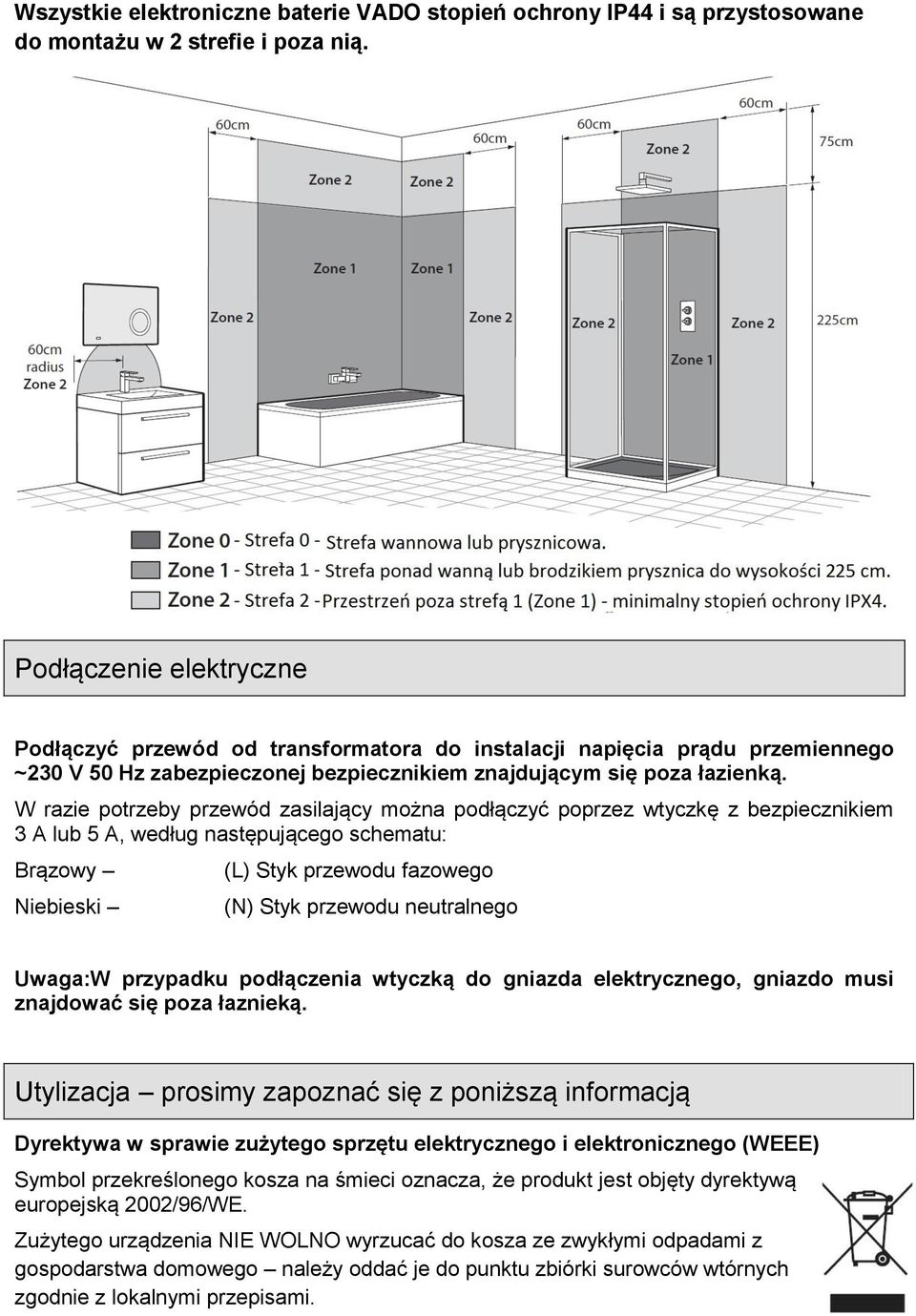 W razie potrzeby przewód zasilający można podłączyć poprzez wtyczkę z bezpiecznikiem 3 A lub 5 A, według następującego schematu: Brązowy Niebieski (L) Styk przewodu fazowego (N) Styk przewodu