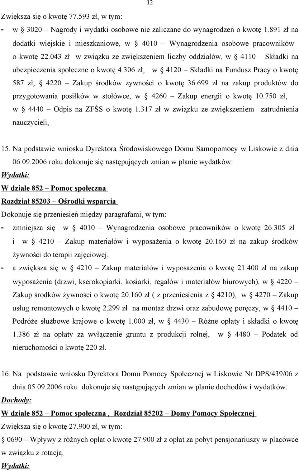 306 zł, w 4120 Składki na Fundusz Pracy o kwotę 587 zł, 4220 Zakup środków żywności o kwotę 36.699 zł na zakup produktów do przygotowania posiłków w stołówce, w 4260 Zakup energii o kwotę 10.