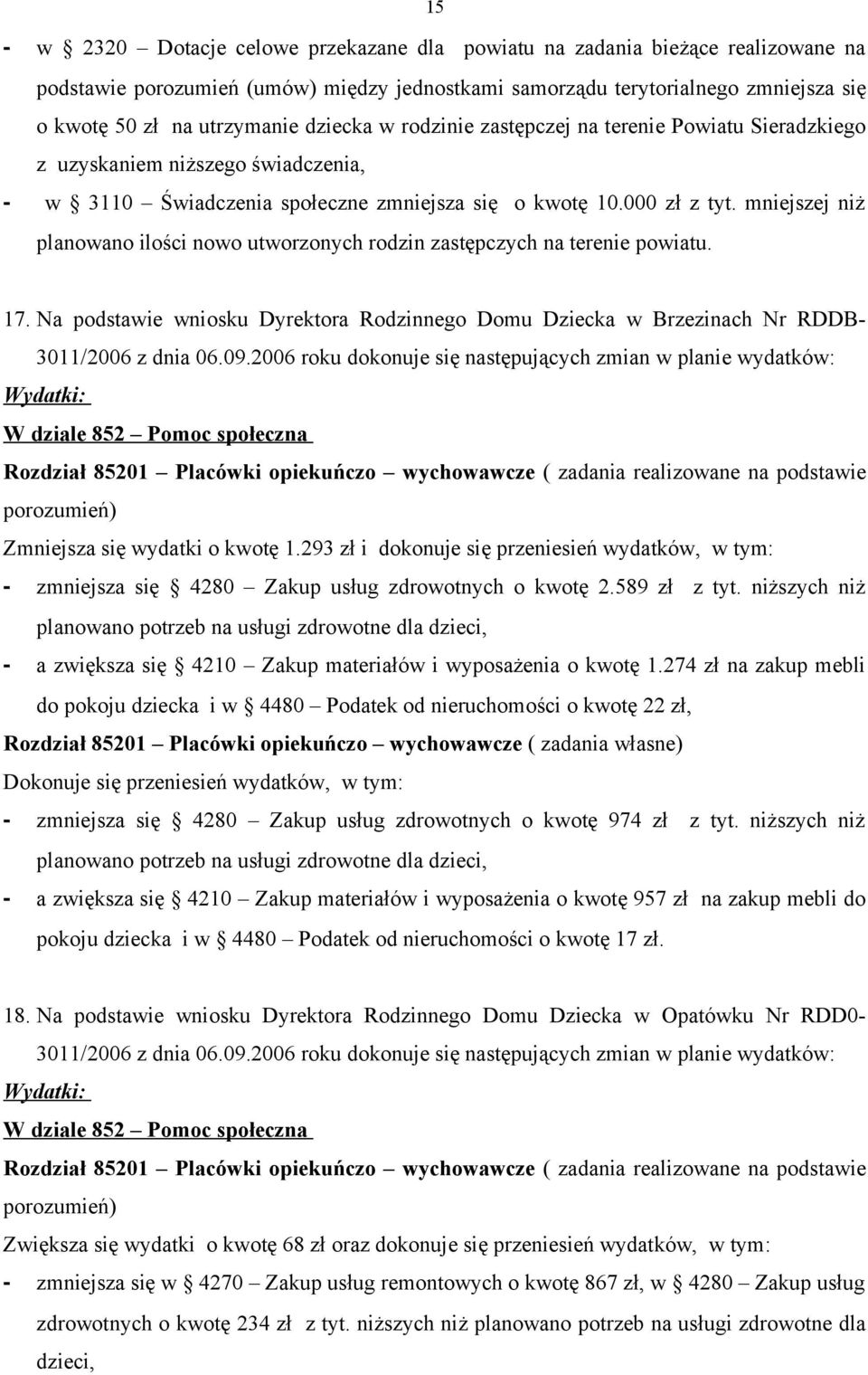 mniejszej niż planowano ilości nowo utworzonych rodzin zastępczych na terenie powiatu. 17. Na podstawie wniosku Dyrektora Rodzinnego Domu Dziecka w Brzezinach Nr RDDB- 3011/2006 z dnia 06.09.
