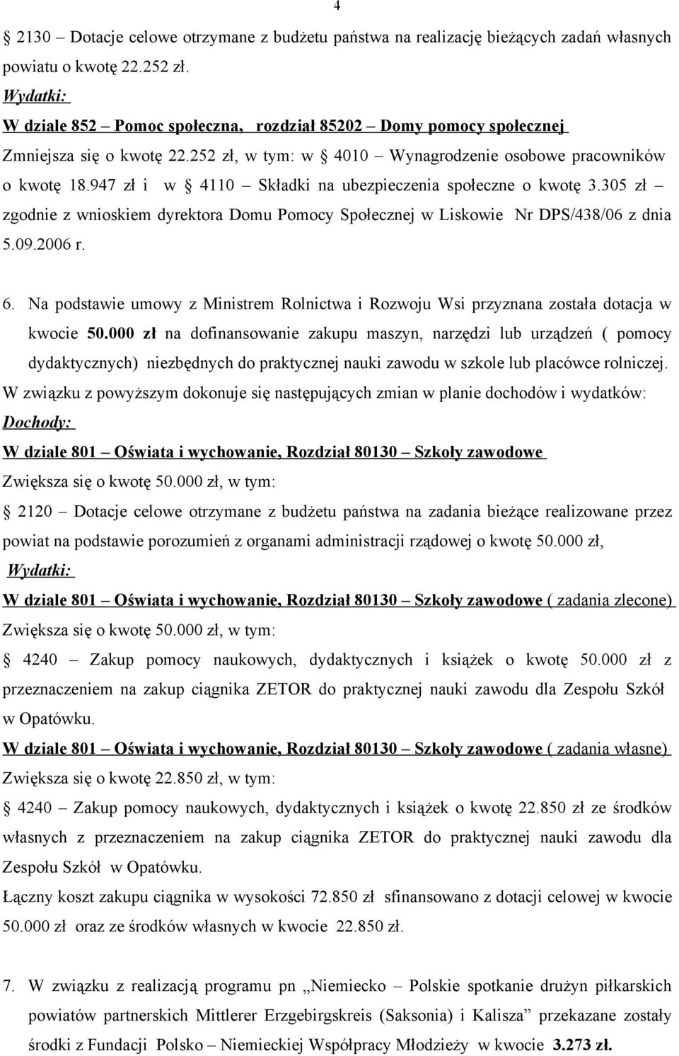 947 zł i w 4110 Składki na ubezpieczenia społeczne o kwotę 3.305 zł zgodnie z wnioskiem dyrektora Domu Pomocy Społecznej w Liskowie Nr DPS/438/06 z dnia 5.09.2006 r. 6.