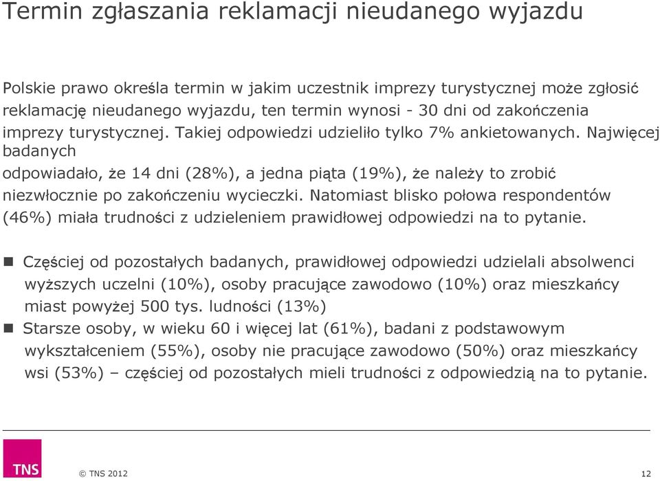 Najwięcej badanych odpowiadało, że 14 dni (28%), a jedna piąta (19%), że należy to zrobić niezwłocznie po zakończeniu wycieczki.