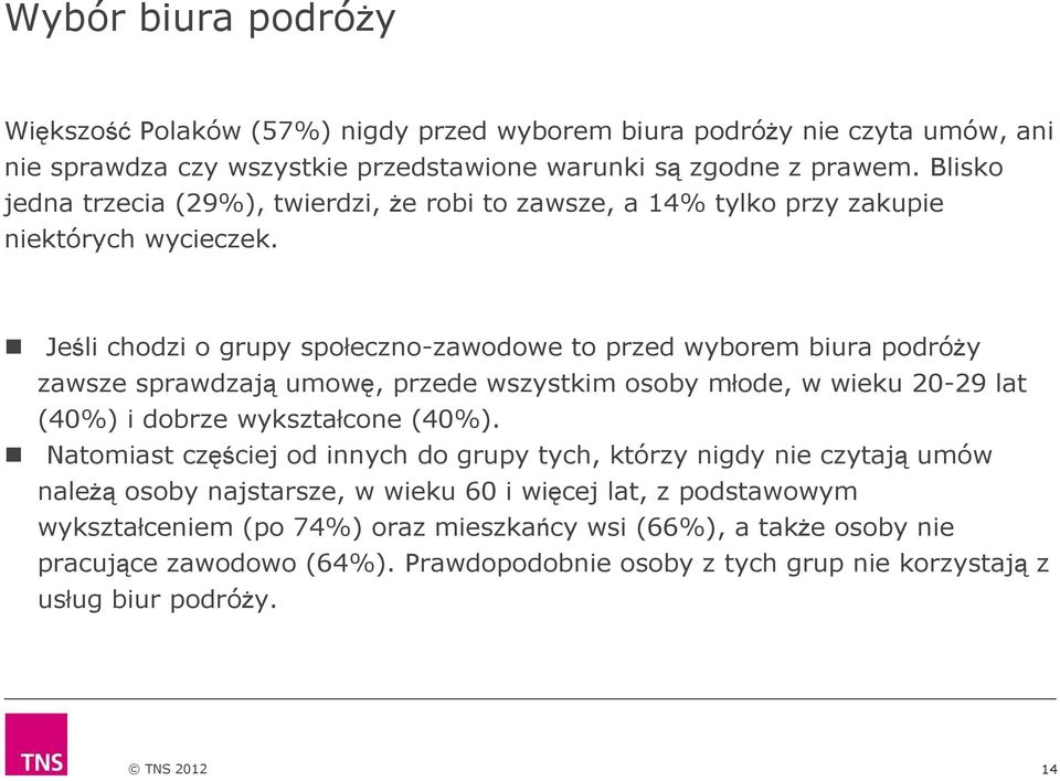 Jeśli chodzi o grupy społeczno-zawodowe to przed wyborem biura podróży zawsze sprawdzają umowę, przede wszystkim osoby młode, w wieku 20-29 lat (40%) i dobrze wykształcone (40%).